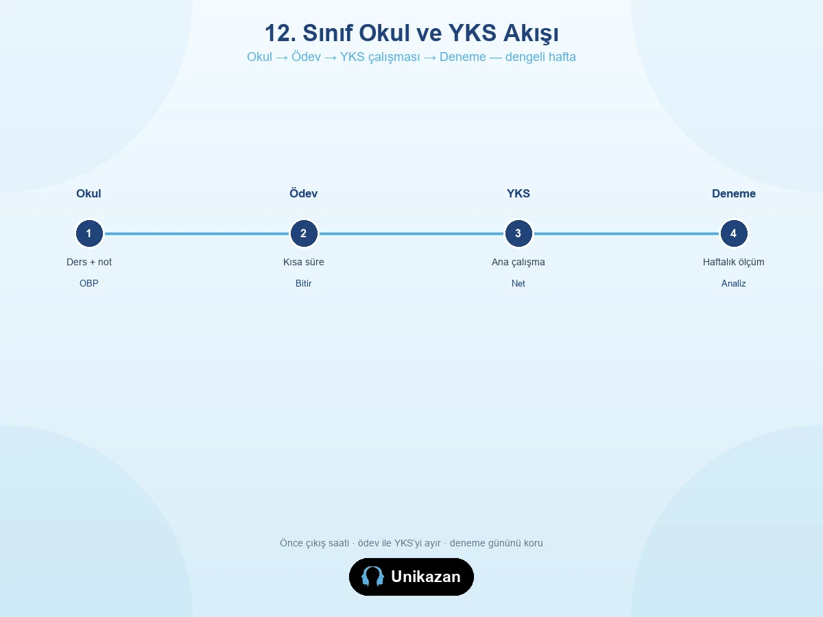 12. sınıf okul ve YKS akışı — okul, ödev, YKS çalışması, deneme
