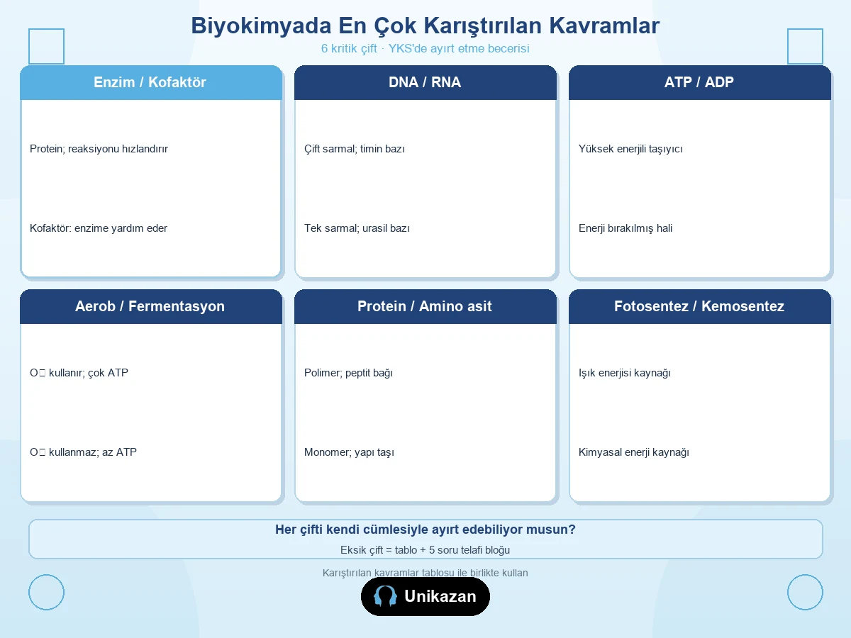 Biyokimyada en çok karıştırılan kavramlar — enzim kofaktör, DNA RNA, ATP ADP karşılaştırma görseli