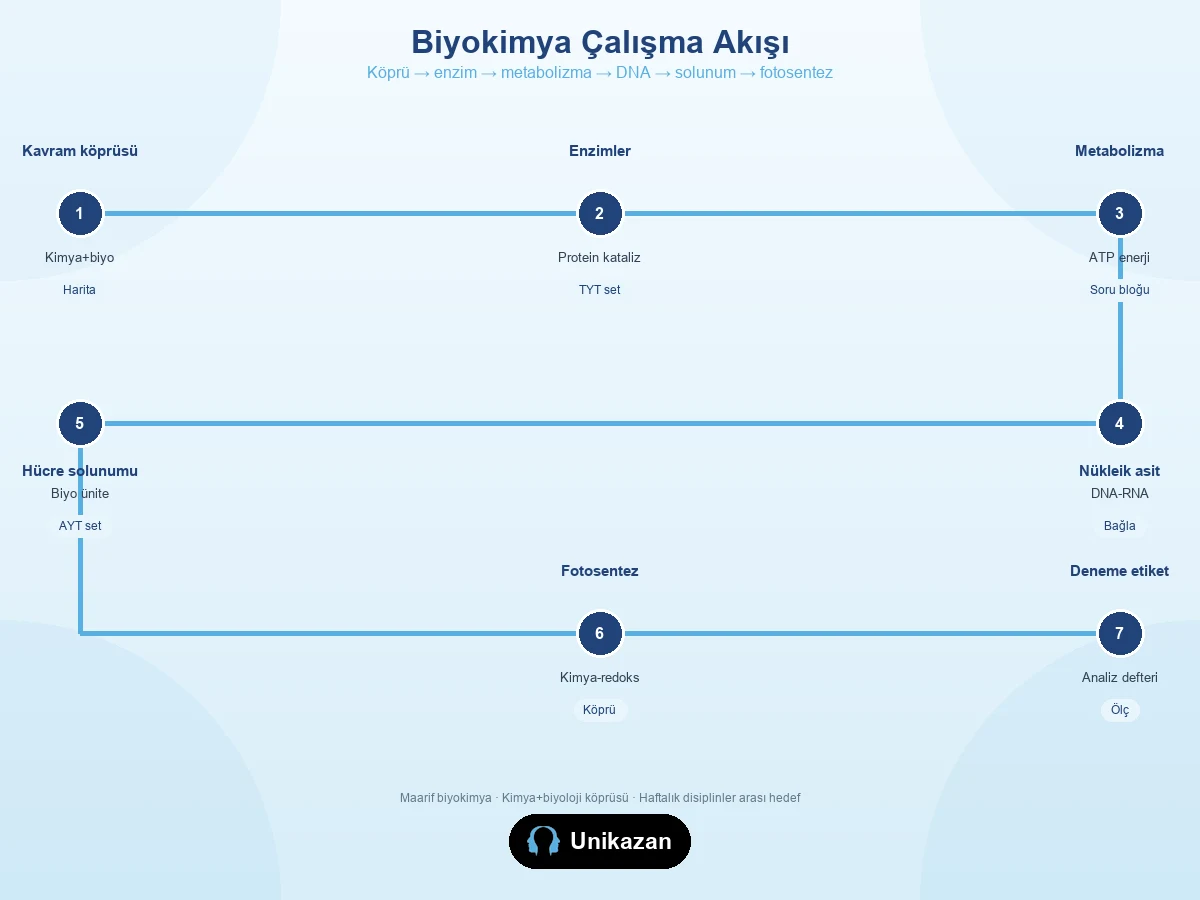 Biyokimya çalışma akış görseli — kavram köprüsü, enzim, metabolizma, DNA, solunum ve deneme adımları