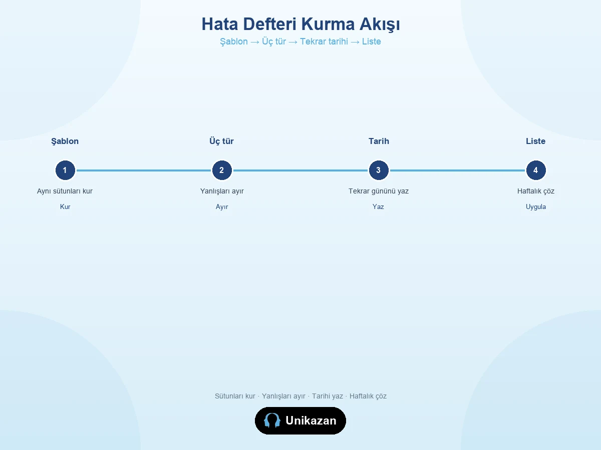 Deneme hata defteri akış görseli — şablon kur, üç gruba ayır, tekrar yaz, listeyi uygula