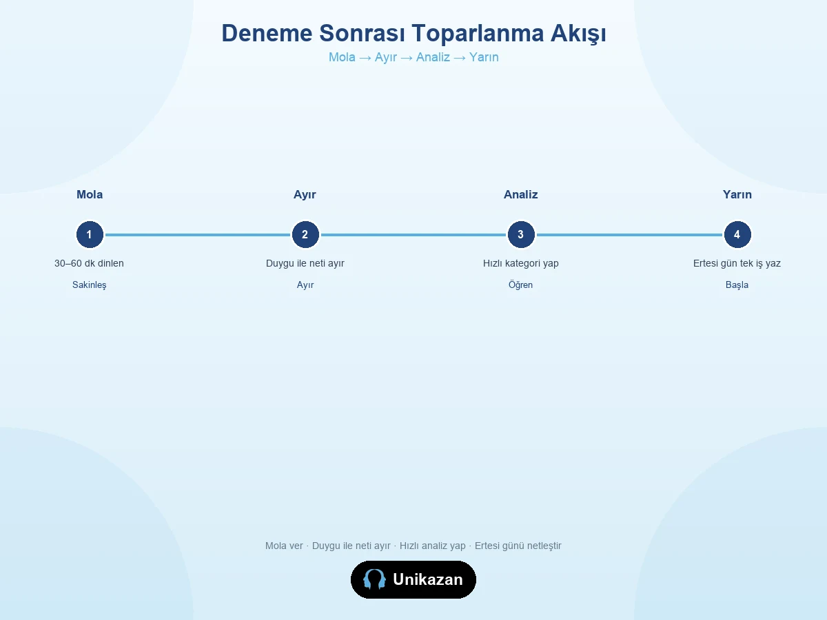 Deneme sonrası toparlanma akışı: dinlen, neti ayır, analiz et, ertesi günü netleştir
