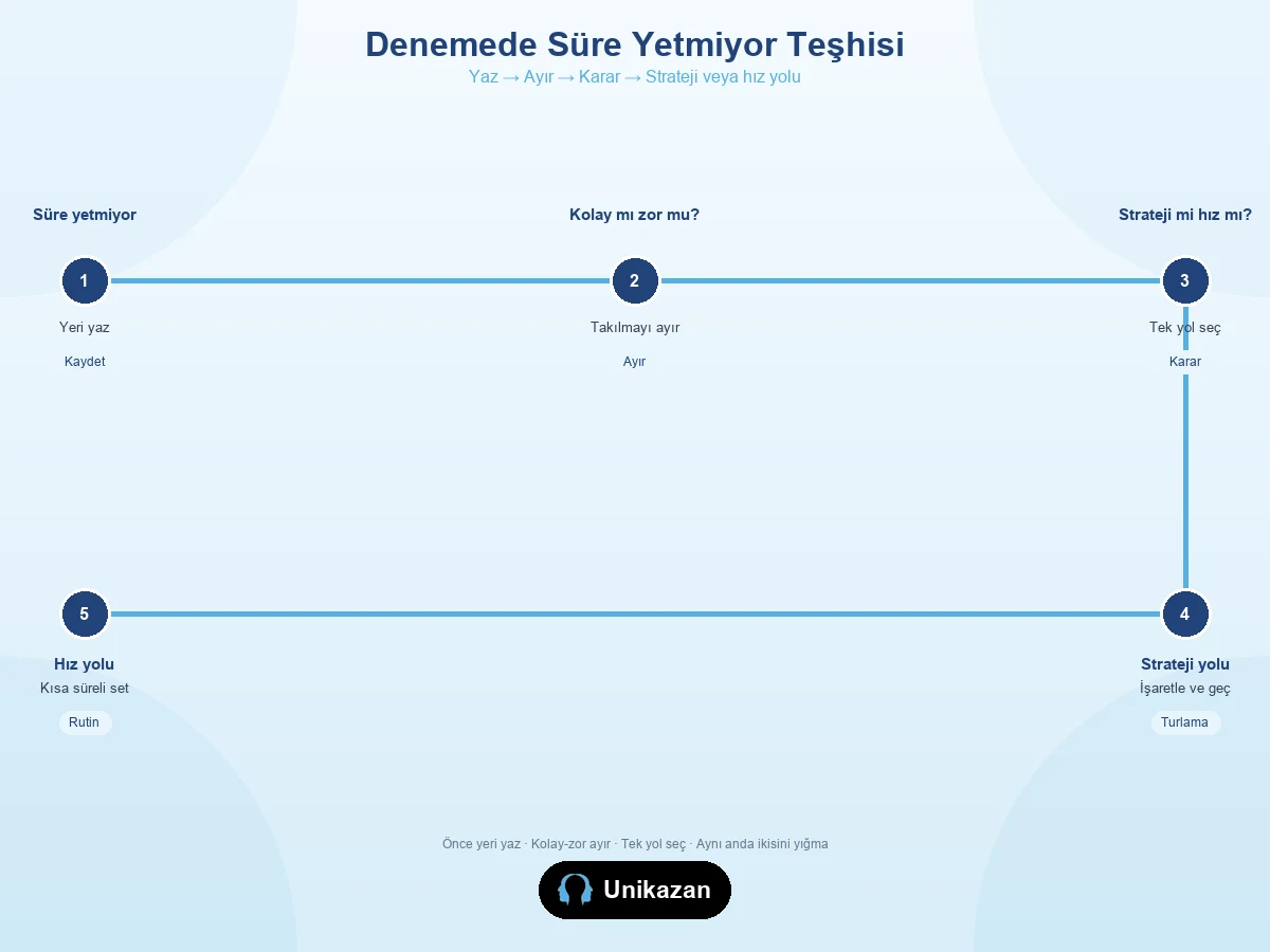 Denemede süre yetmiyor strateji hız teşhis akış görseli — yaz, ayır, karar ver, işaretleyip geç veya hız rutini