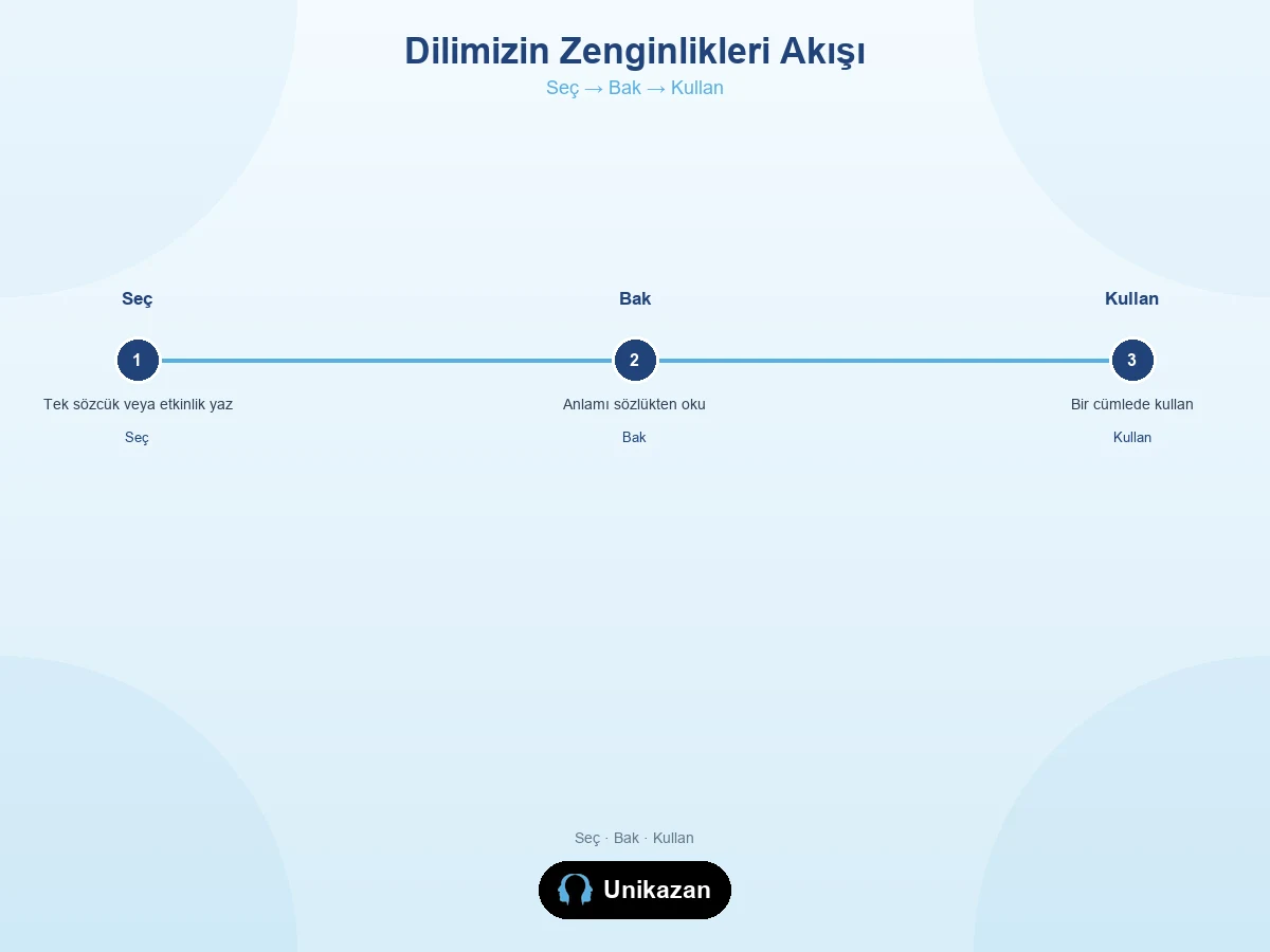Dilimizin Zenginlikleri akış görseli — eylem planına uygun seç, bak ve kullan adımları