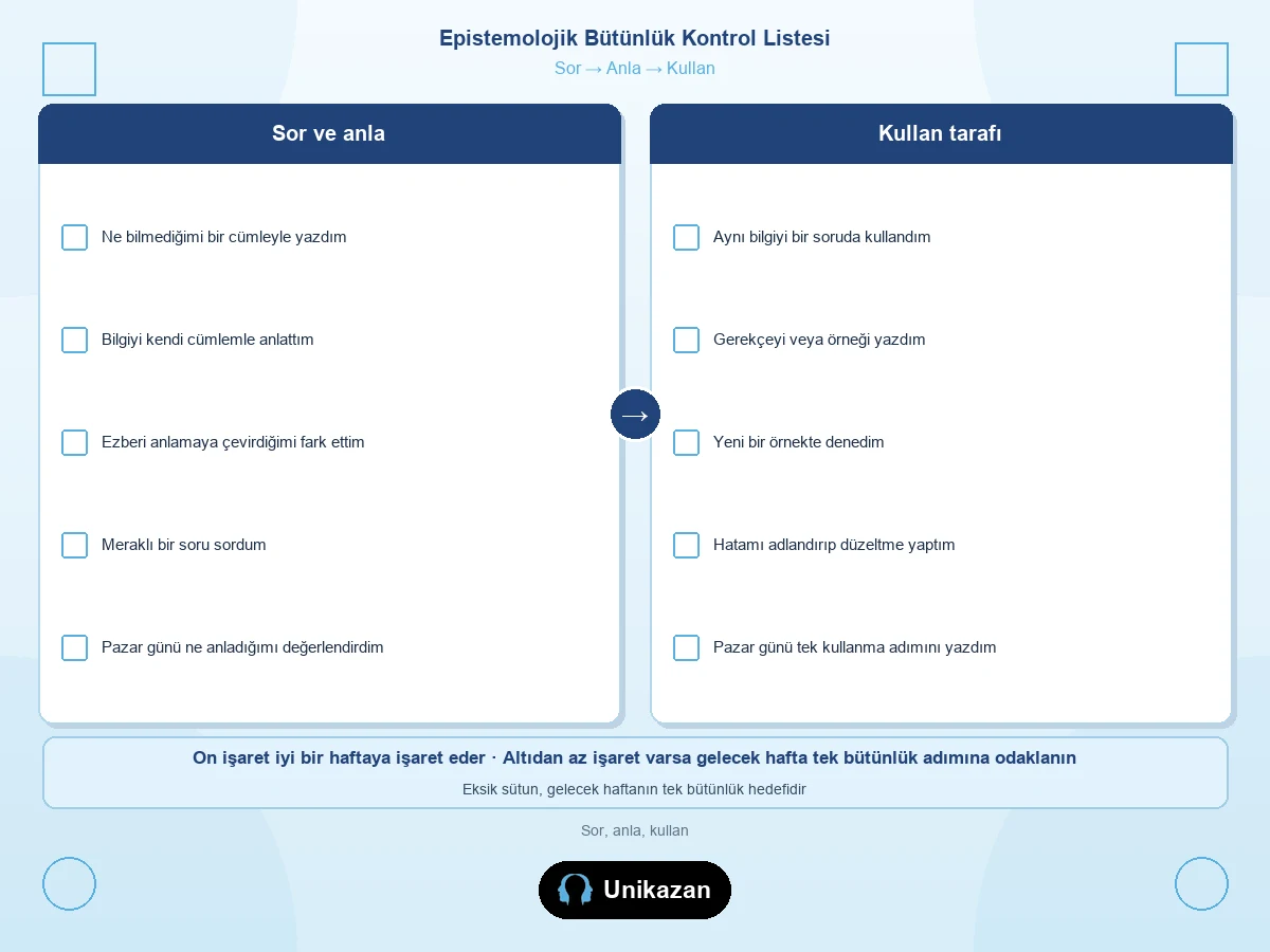 Epistemolojik bütünlük kontrol listesi — sor anla ve kullan sütunları