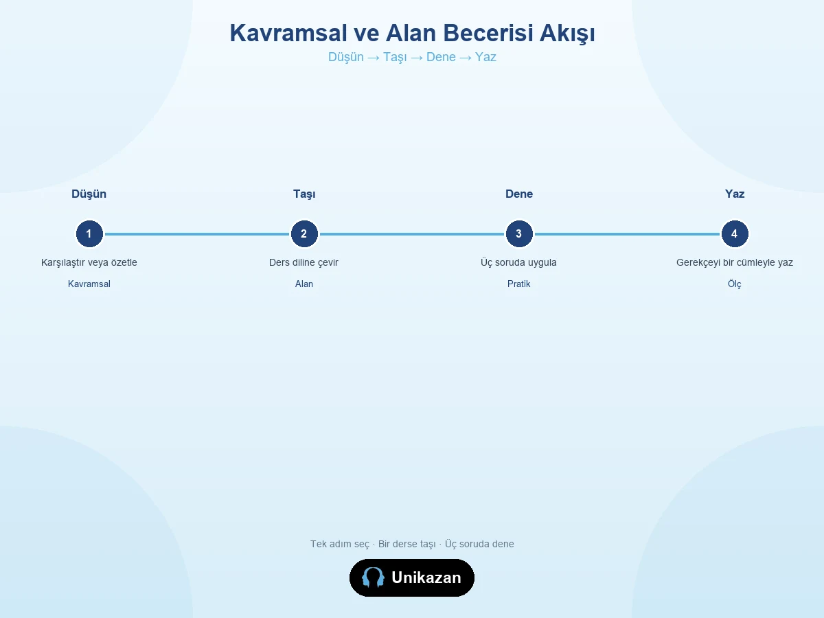Kavramsal beceriler ve alan becerileri farkı akış görseli — Düşün, Taşı, Dene, Yaz