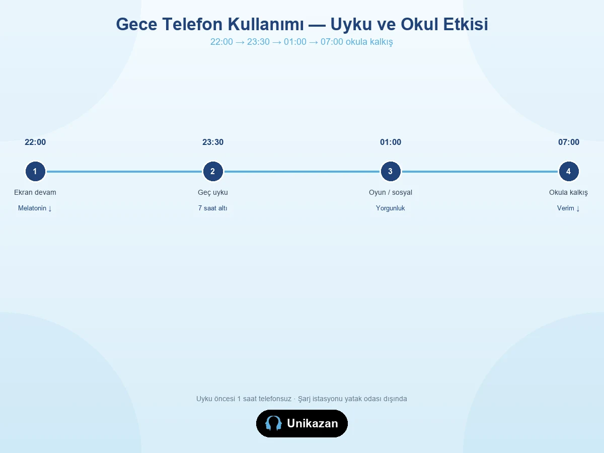 Gece telefon kullanımı timeline — 22:00 ekran, geç uyku, okula kalkış ve verim düşüşü