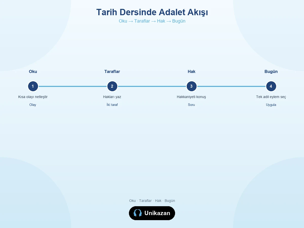 Tarih dersinde adalet değeri akış görseli — örnek olay okuma, taraflar, hak sorusu ve bugüne bağlama
