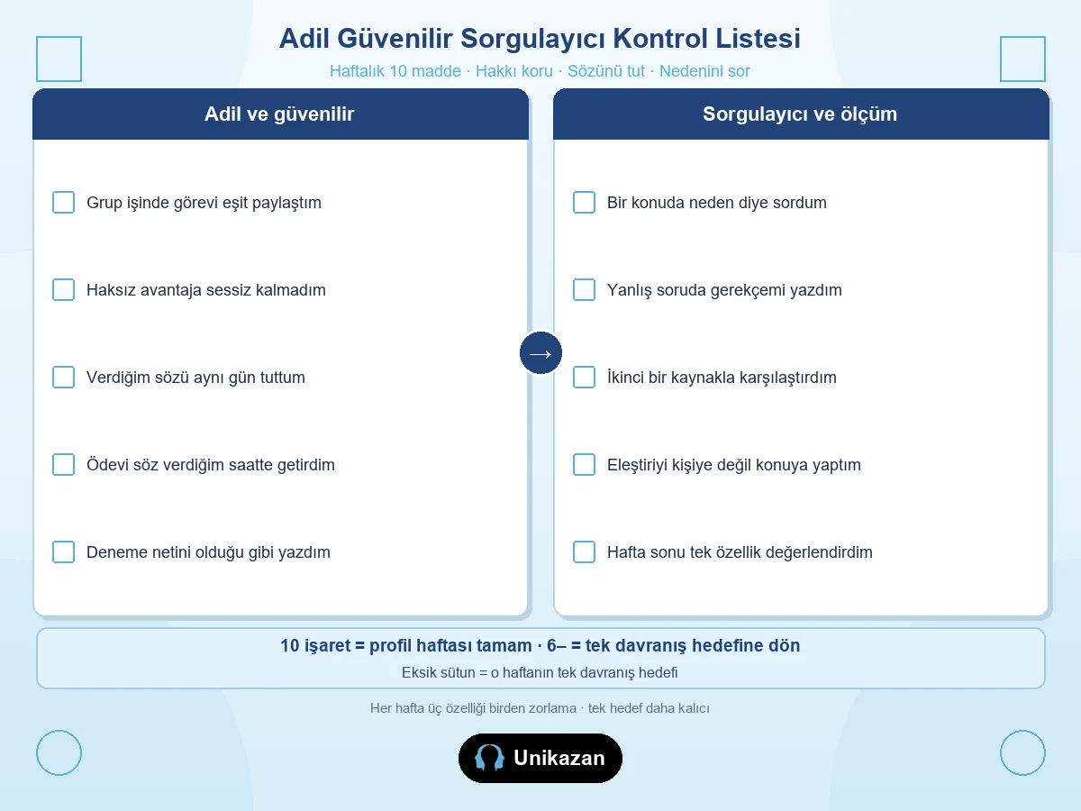 Adil, güvenilir ve sorgulayıcı kontrol listesi — 10 madde: hakkı koru, sözünü tut, nedenini sor