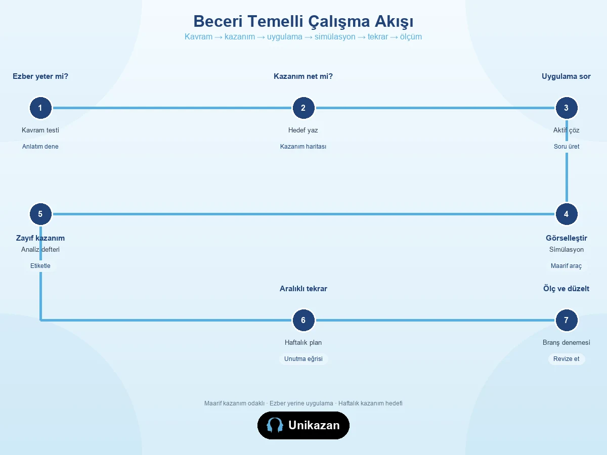 Maarif beceri temelli çalışma akış görseli — 7 adımlı kavram, kazanım, uygulama ve ölçüm