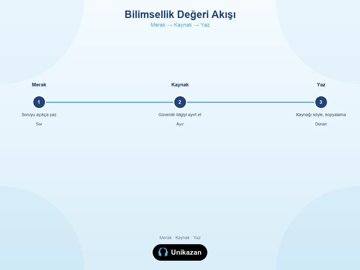 Bilimsellik değeri akışı — merak etmek, kaynağı ayırmak ve dürüstçe yazmak