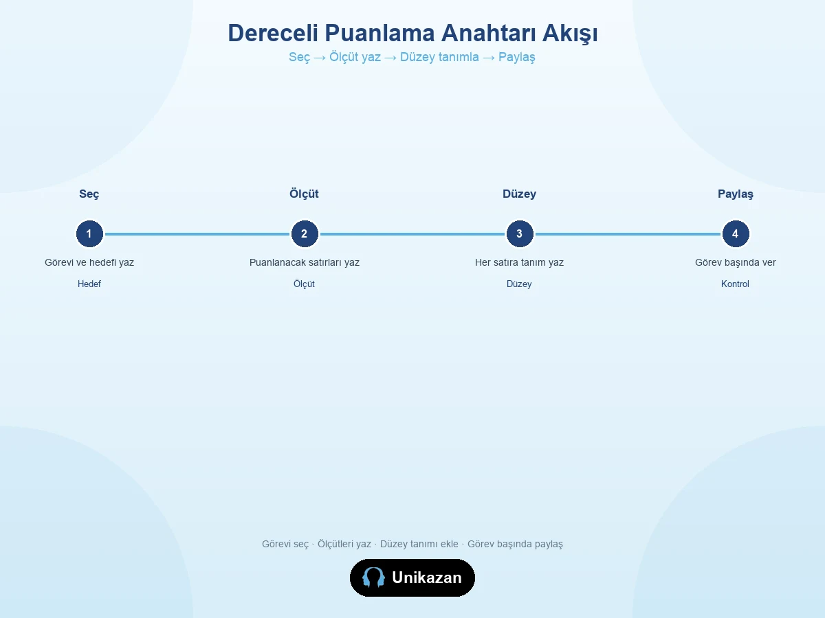 Dereceli puanlama anahtarı akışı — seç, ölçüt yaz, düzey tanımla, paylaş