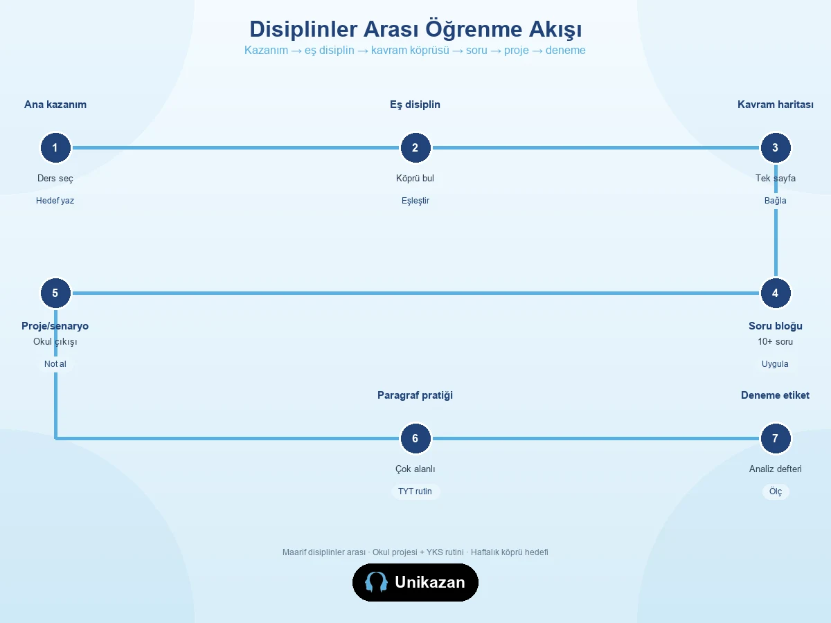 Disiplinler arası öğrenme akış görseli — kazanım, eş disiplin, kavram köprüsü, soru, proje, deneme adımları