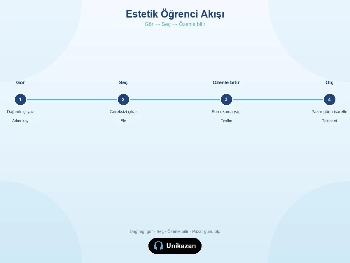 Estetik öğrenci akışı — görmekten seçmeye, özenle bitirmeye ve ölçmeye kadar