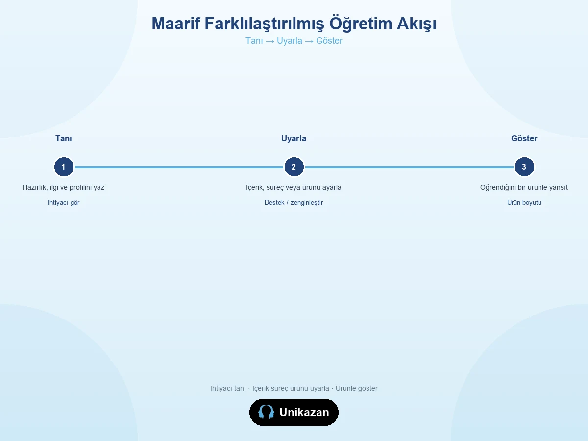 Tanı Uyarla Göster 3 adımlı akış görseli — farklılaştırılmış öğretim içerik süreç ürün