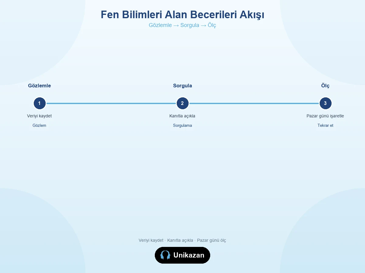 Fen bilimleri alan becerileri akışı — gözlemlemekten sorgulamaya ve ölçmeye kadar