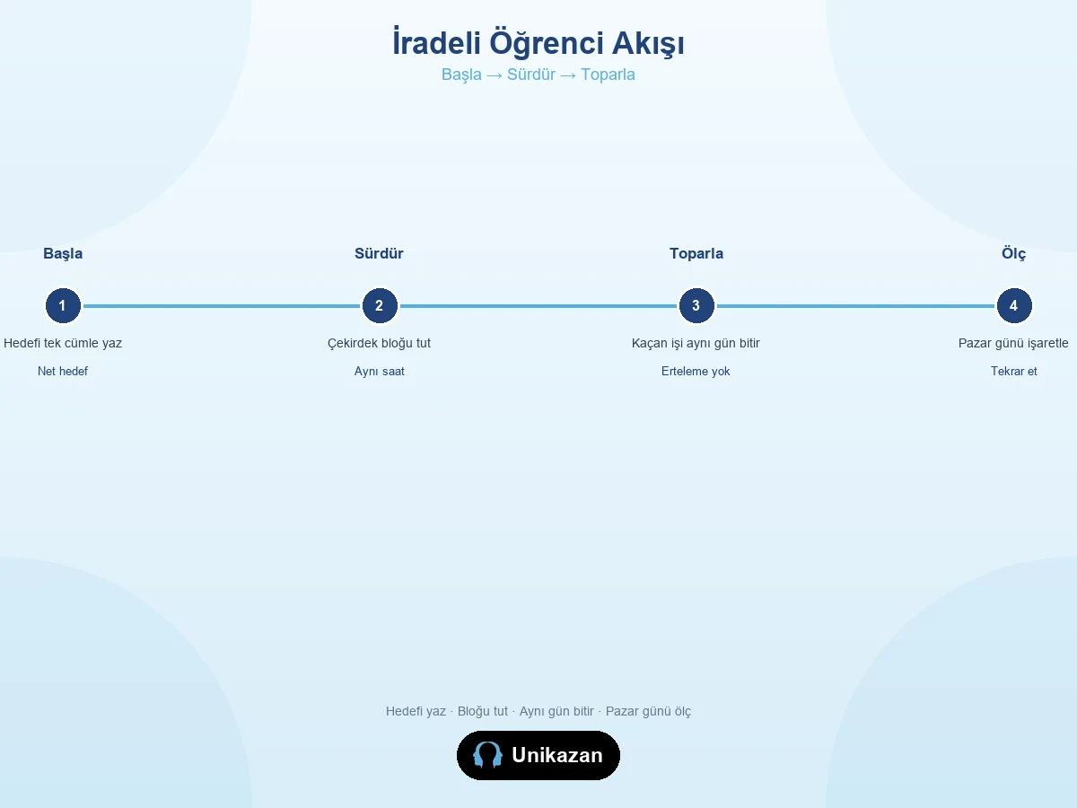 İradeli öğrenci akışı — başlamaktan sürdürmeye, toparlamaya ve ölçmeye kadar