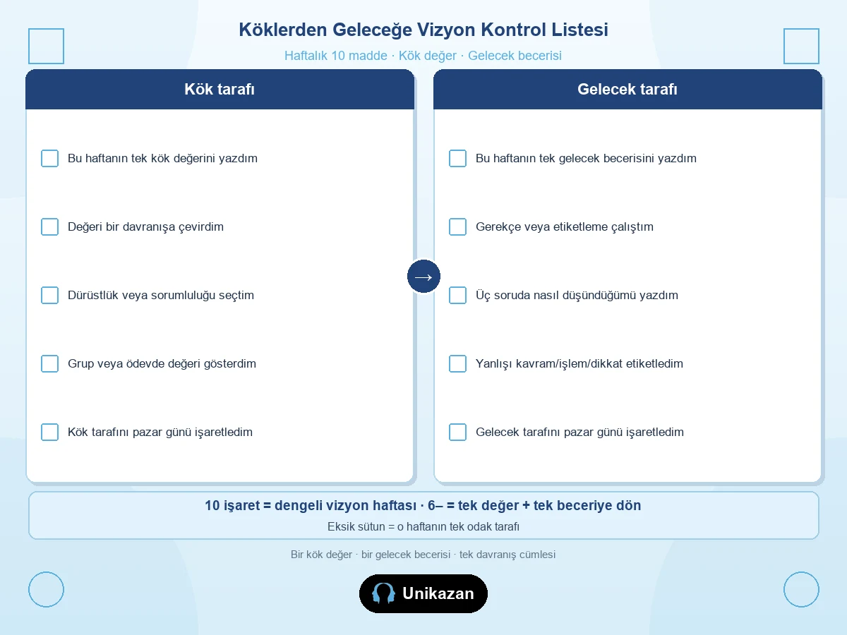 Maarif köklerden geleceğe vizyon kontrol listesi — kök değer ve gelecek becerisi haftalık işaretler