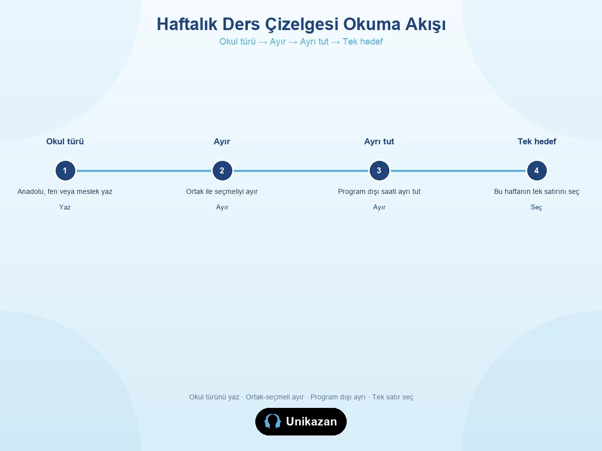 Haftalık ders çizelgesi okuma akışı — Anadolu 40 saat, ortak seçmeli ayır, TTKB, program dışı, tek hedef