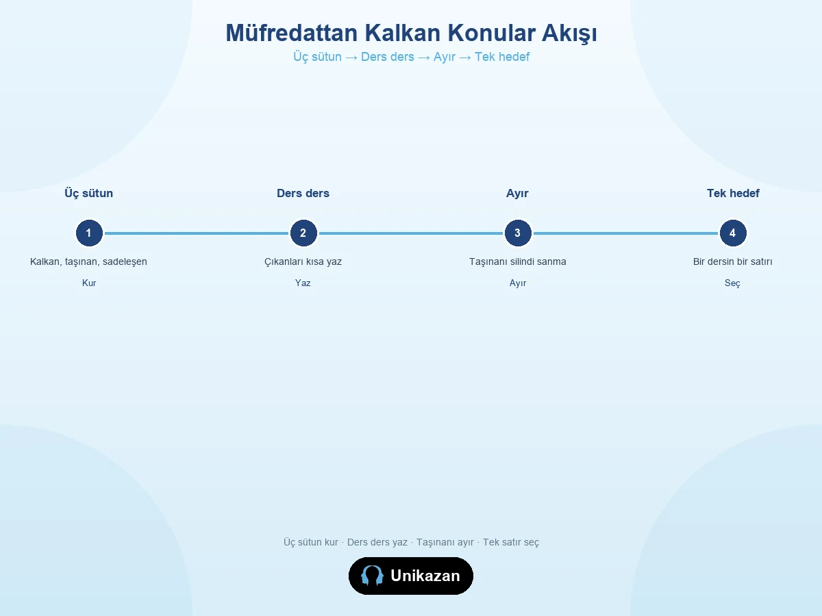 Müfredattan kalkan konular liste okuma akışı — üç sütun, ders ders yaz, ayır, tek hedef