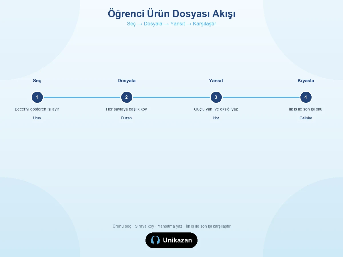 Öğrenci ürün dosyası akışı — seç, dosyala, yansıt, karşılaştır