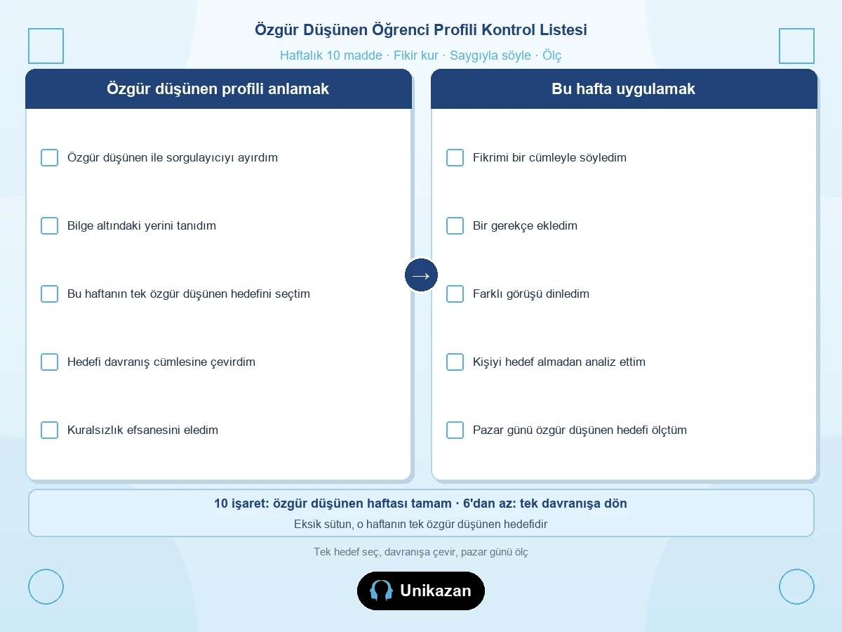 Maarif özgür düşünen öğrenci kontrol listesi — kendi fikrini kurmak, saygıyla ifade ve haftalık uygulama işaretleri