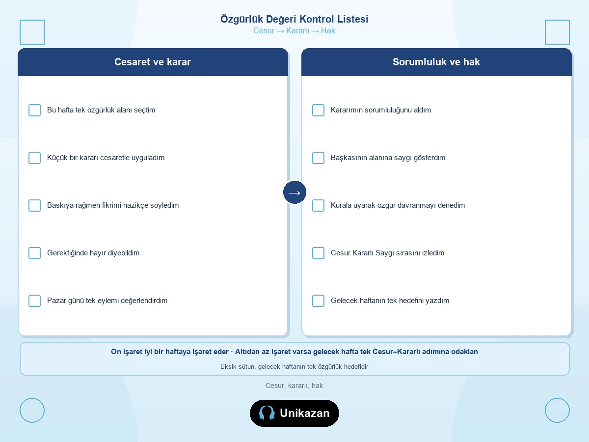 Özgürlük değeri ne anlama gelir kontrol listesi okul ev — cesur kararlı hak
