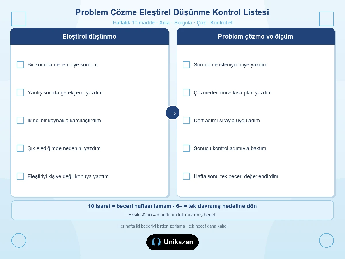 Problem çözme ve eleştirel düşünme kontrol listesi — 10 madde: anla, sorgula, çöz, kontrol et