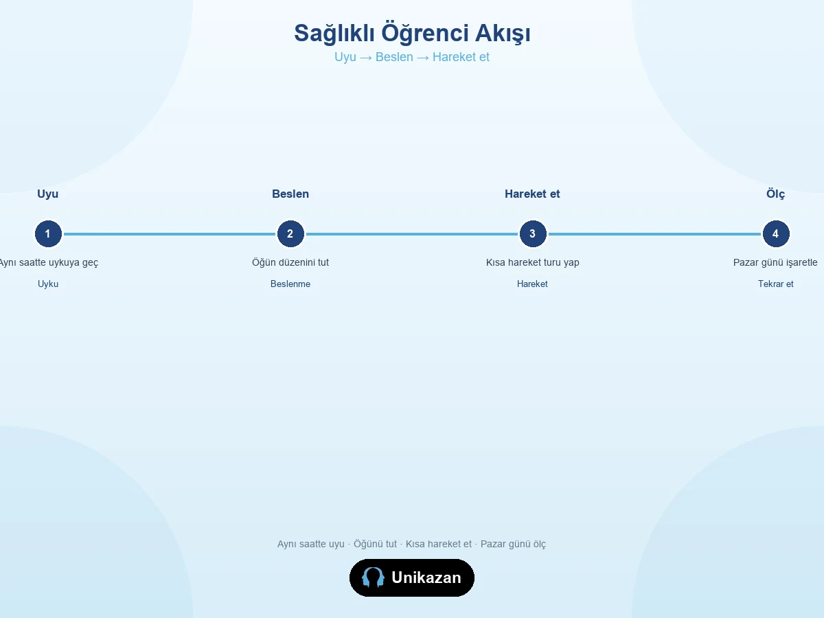 Sağlıklı öğrenci akışı — uykudan beslenmeye, harekete ve ölçmeye kadar