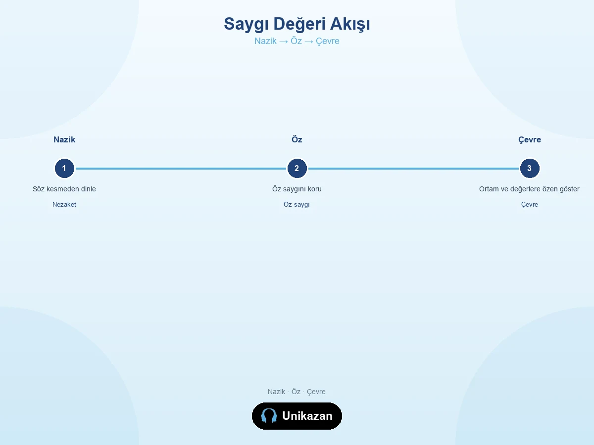 Maarif saygı değeri akış görseli — nazik, öz ve çevre adımları