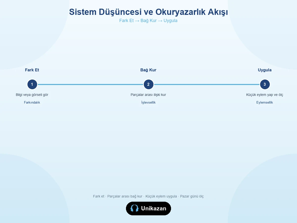 Sistem düşüncesi ve okuryazarlık akışı — fark etmekten bağ kurmaya ve uygulamaya kadar