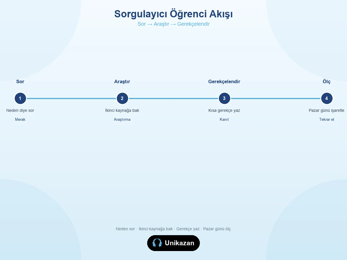 Sorgulayıcı öğrenci akışı — sormadan araştırmaya, gerekçelendirmeye ve ölçmeye kadar