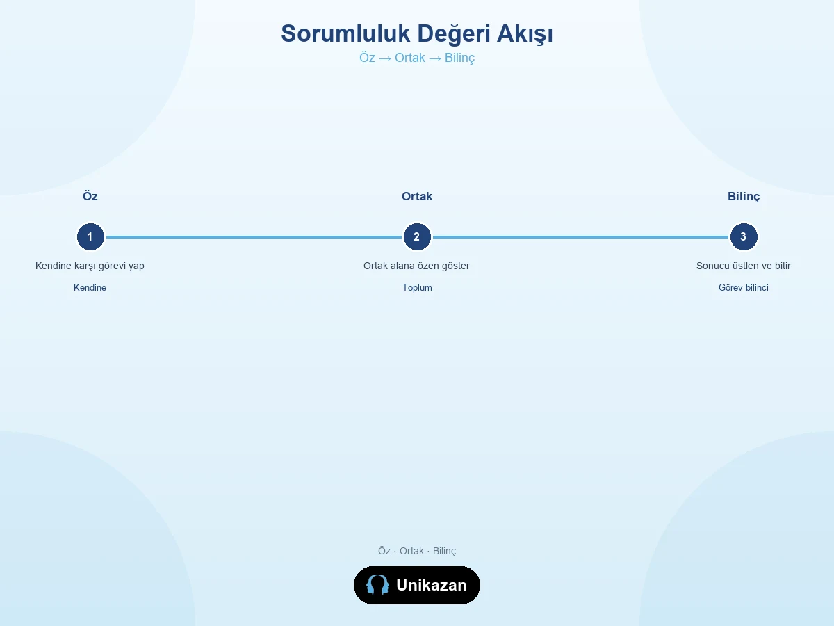 Maarif sorumluluk değeri akış görseli — öz, ortak ve bilinç adımları
