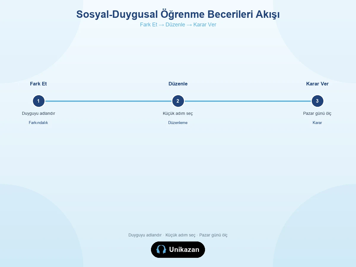 Sosyal-duygusal öğrenme becerileri akışı — fark etmekten düzenlemeye ve karar vermeye kadar
