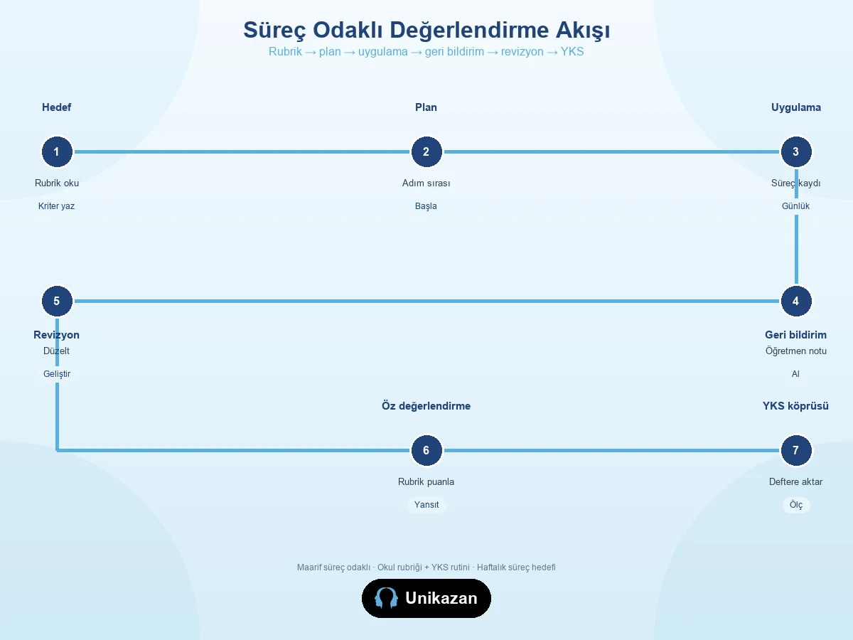 Süreç odaklı değerlendirme akış görseli — hedef, plan, uygulama, geri bildirim, revizyon, öz değerlendirme, YKS köprüsü adımları