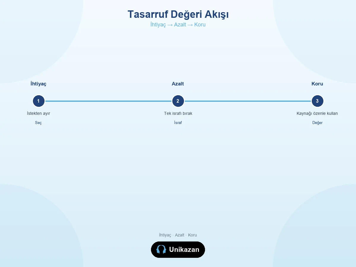 Tasarruf değeri akış görseli — ihtiyaç seçme, israfı azaltma ve sahip olunanı koruma