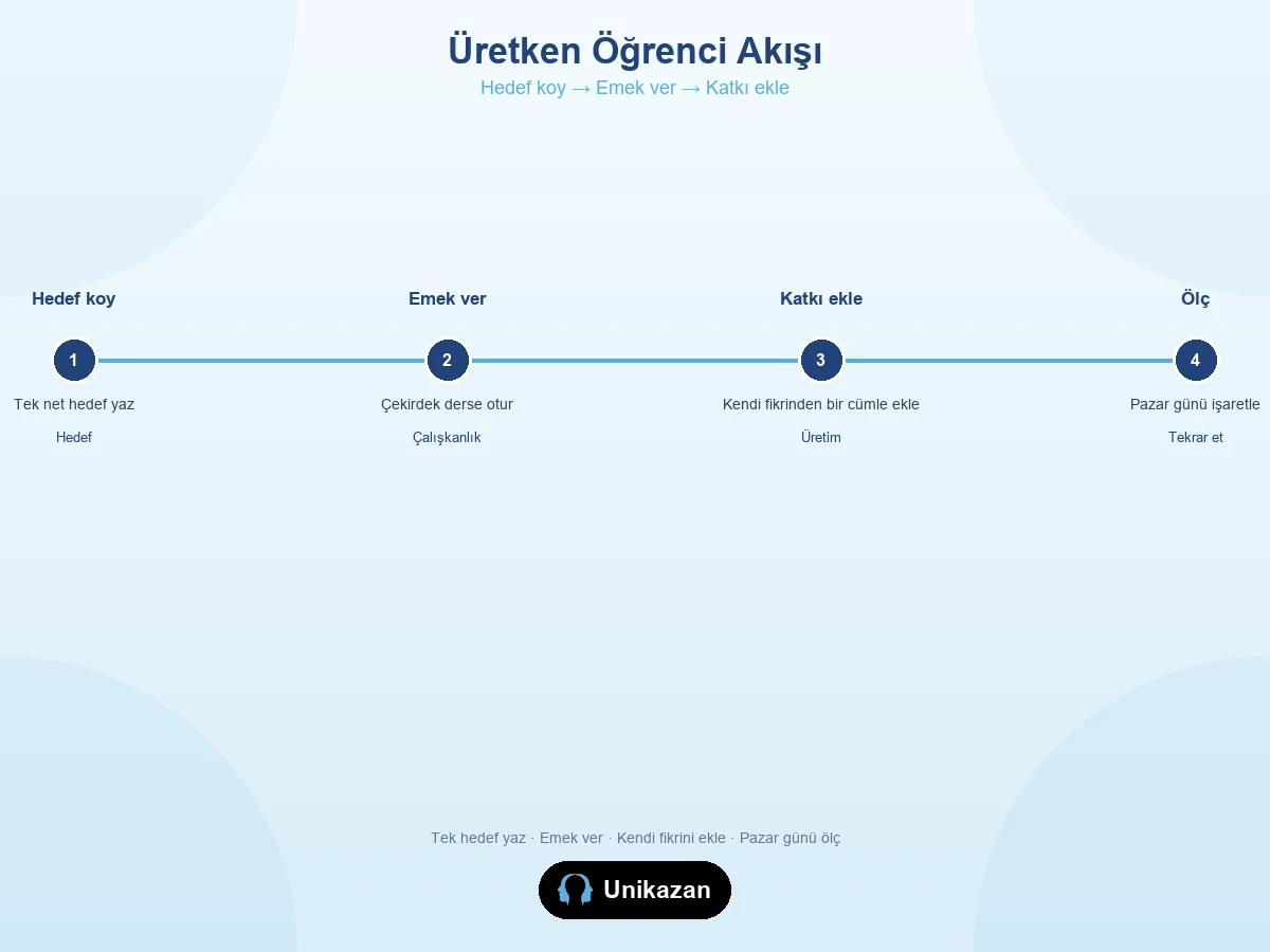 Üretken öğrenci akışı — hedef koymadan emeğe, katkıya ve ölçmeye kadar
