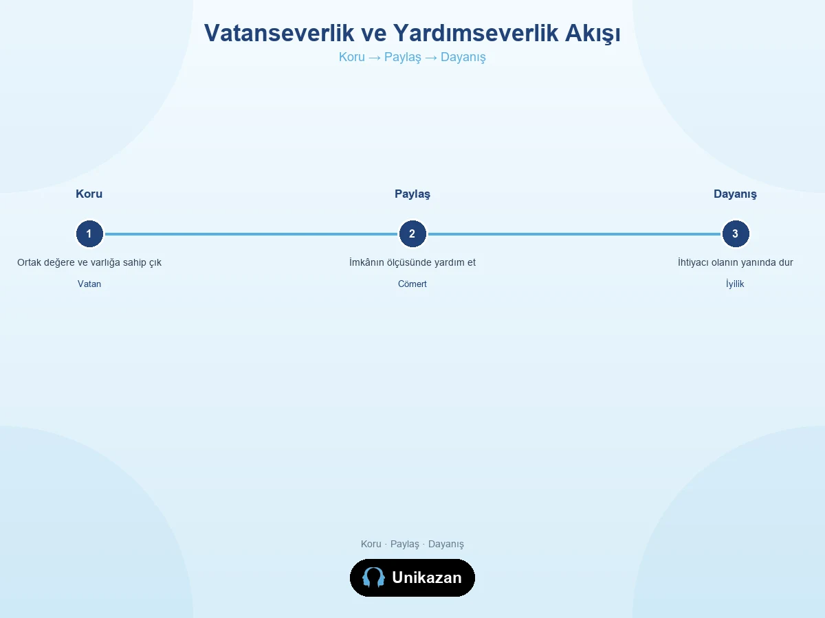 Vatanseverlik ve yardımseverlik koru paylaş dayanış akışı — okul ev toplum