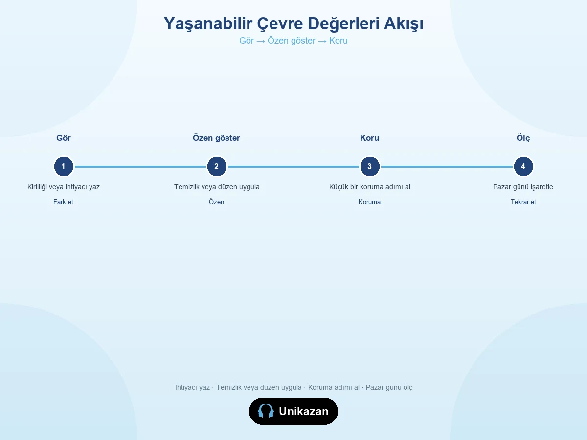 Yaşanabilir çevre değerleri akışı — görmekten özene, korumaya ve ölçmeye kadar
