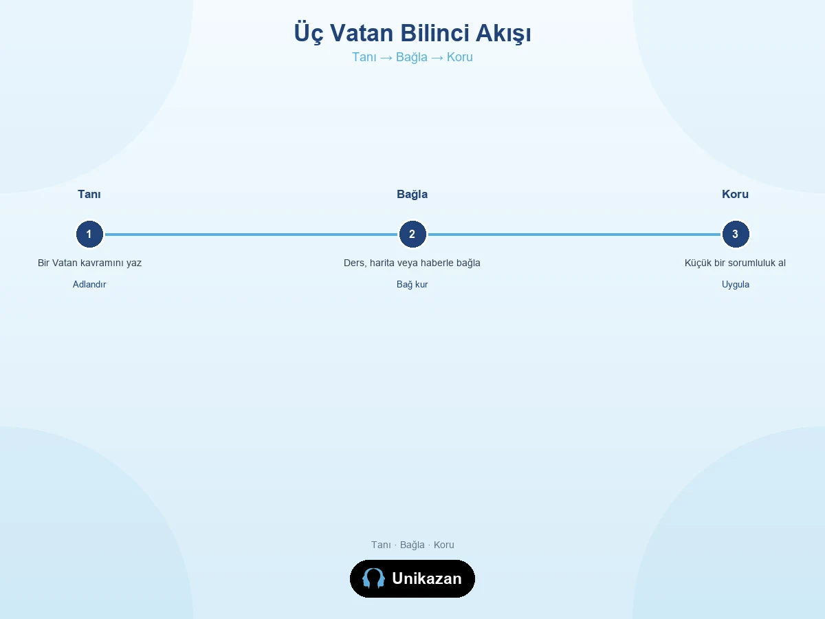 Mavi–Gök–Yeşil Vatan akış görseli — tanı, bağla ve koru adımları