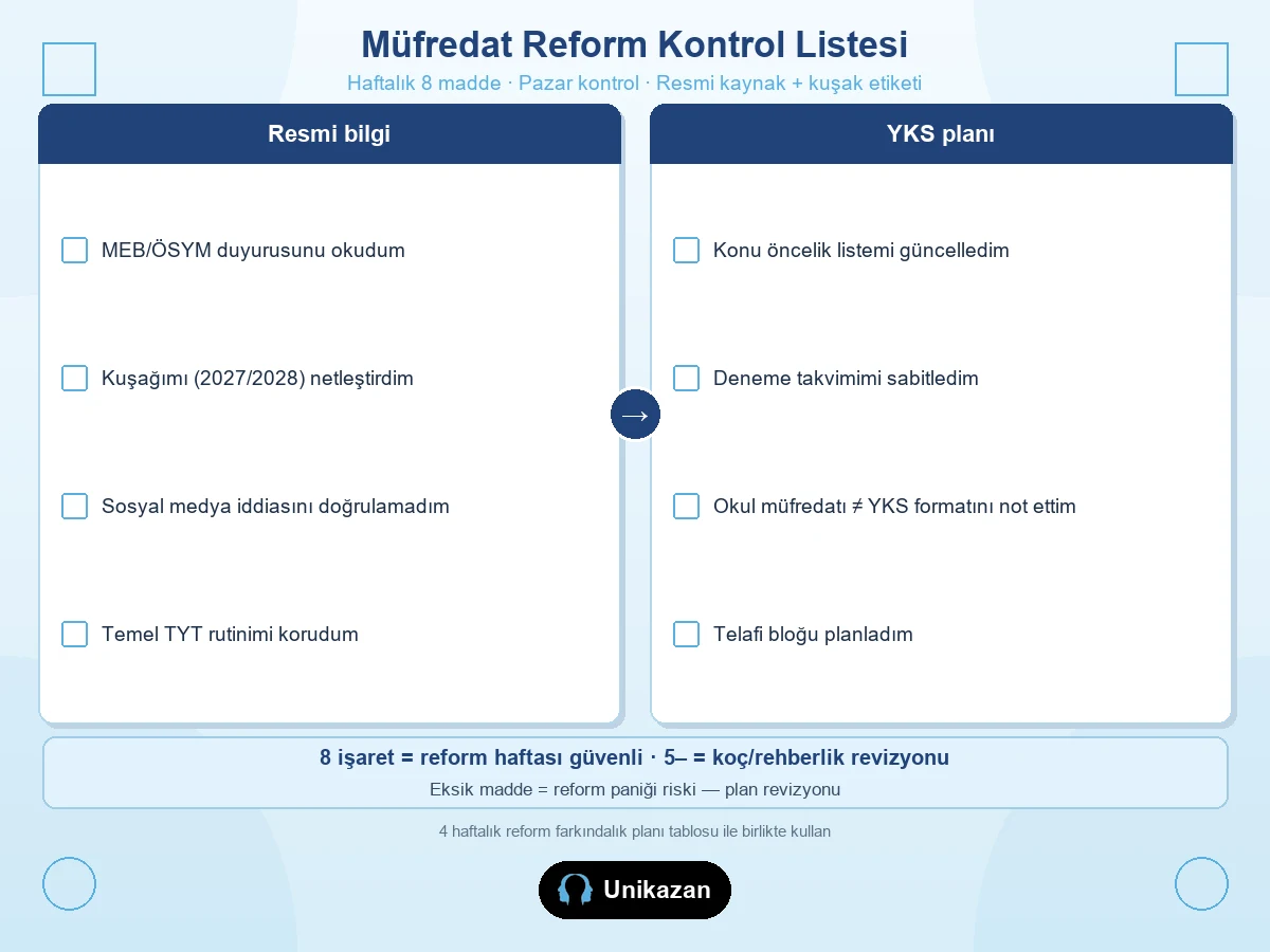 Müfredat reform YKS hazırlık kontrol listesi — resmi kaynak, kuşak, deneme takvimi