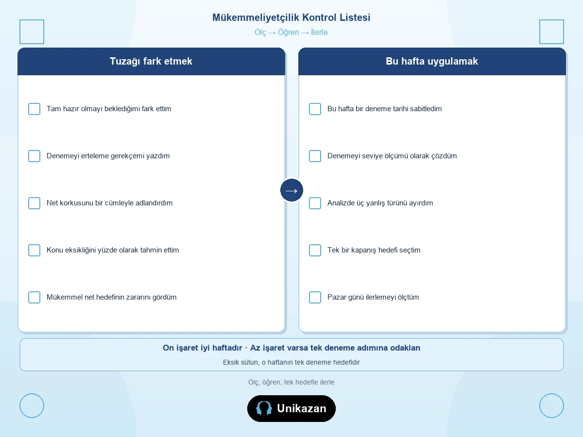 Mükemmeliyetçilik tuzağı kontrol listesi — Ölç Öğren İlerle on madde