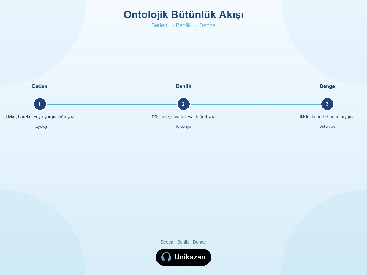 Ontolojik bütünlük nedir — Beden Benlik Denge akış görseli