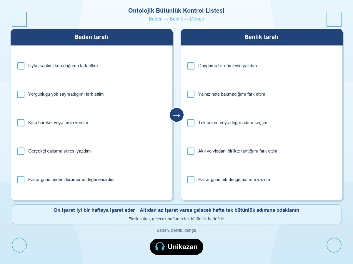 Ontolojik bütünlük kontrol listesi — beden ve benlik sütunları
