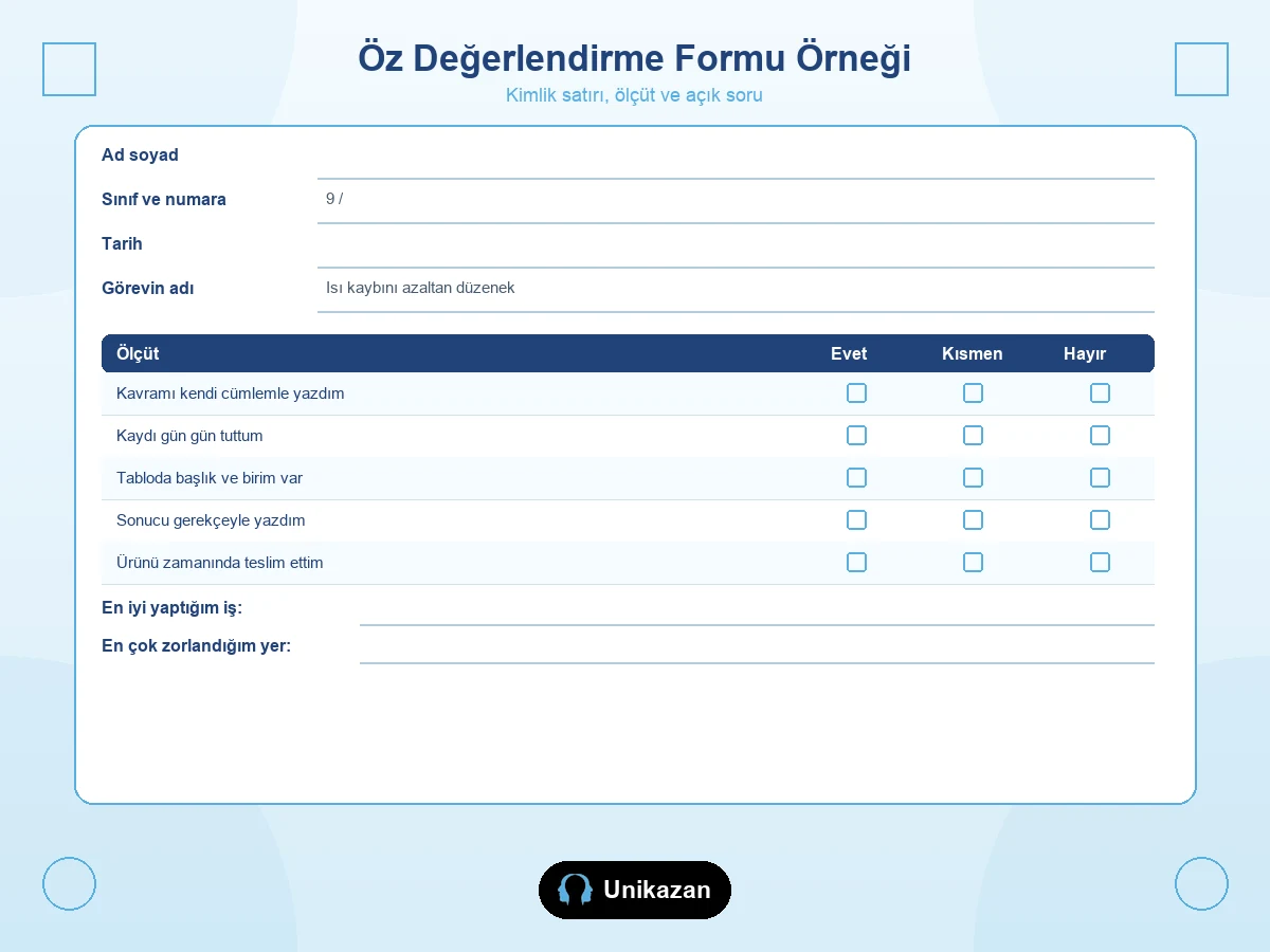 Öz değerlendirme formu örneği — ad soyad, sınıf, tarih, görevin adı ve evet, kısmen, hayır satırları