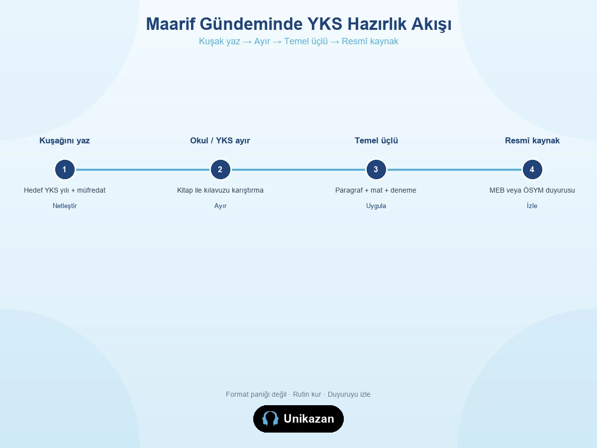 Maarif gündeminde YKS hazırlık akışı — hedef yaz, okul ile YKS ayır, temel üçlü, resmî kaynak