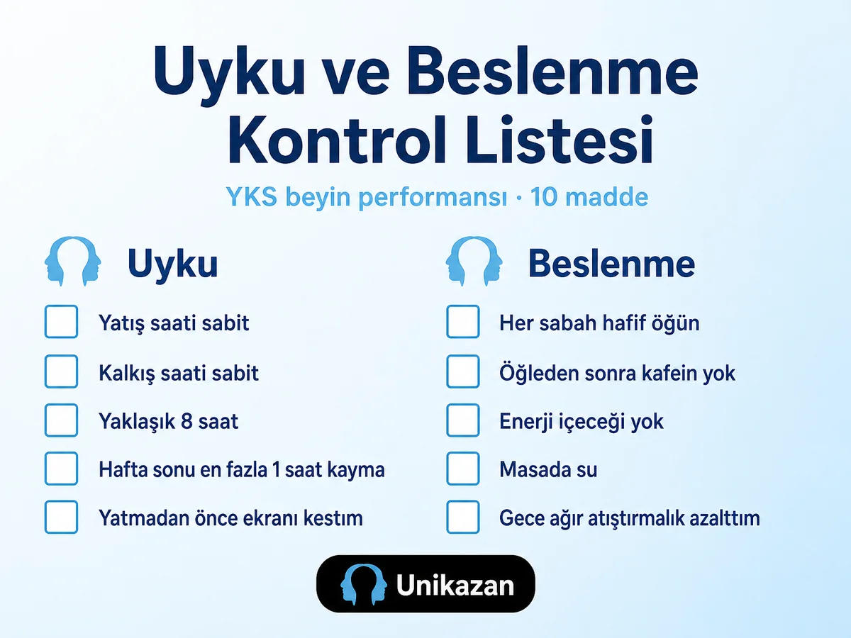 Uyku ve beslenme kontrol listesi — YKS beyin performansı için 10 madde