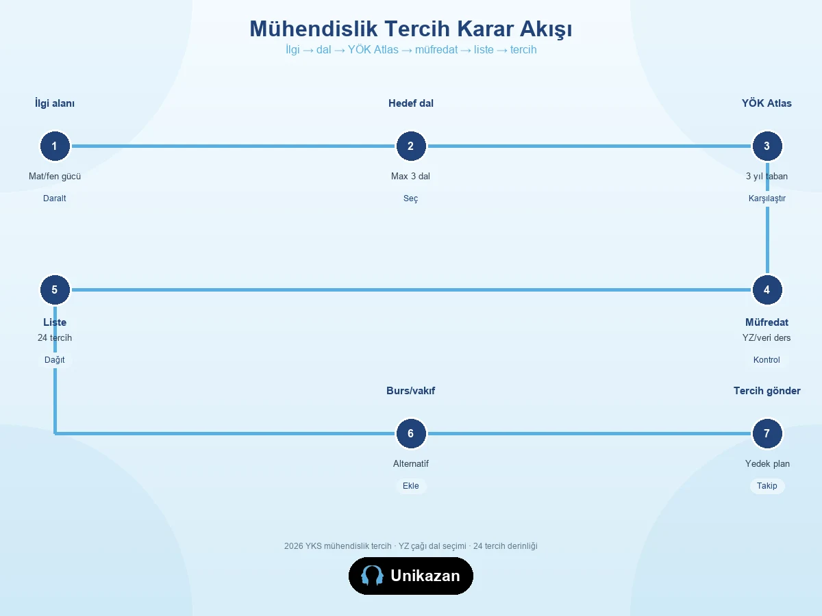 Mühendislik tercih karar akış görseli — ilgi alanı, dal seçimi, YÖK Atlas, liste, tercih adımları