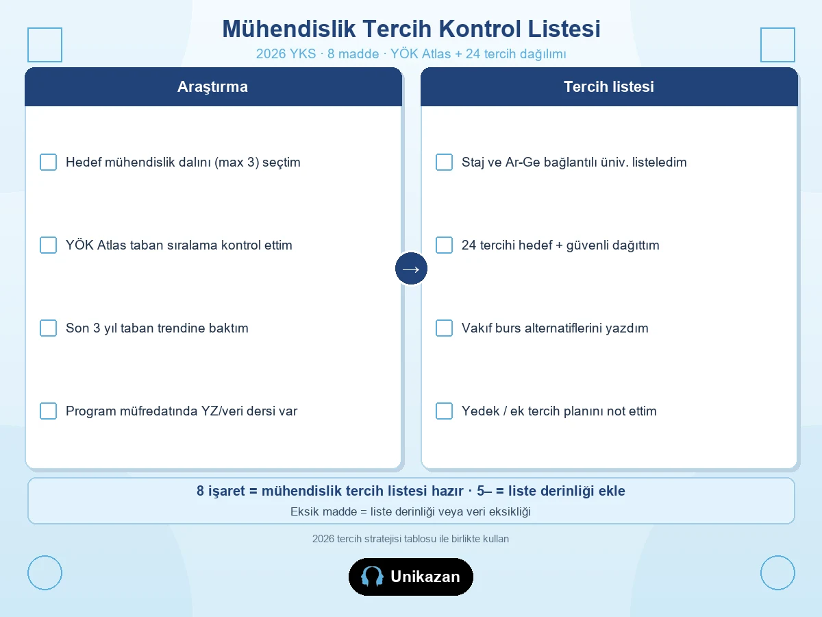 Yapay zeka çağında mühendislik tercih kontrol listesi — YÖK Atlas, taban trend, 24 tercih dağılımı