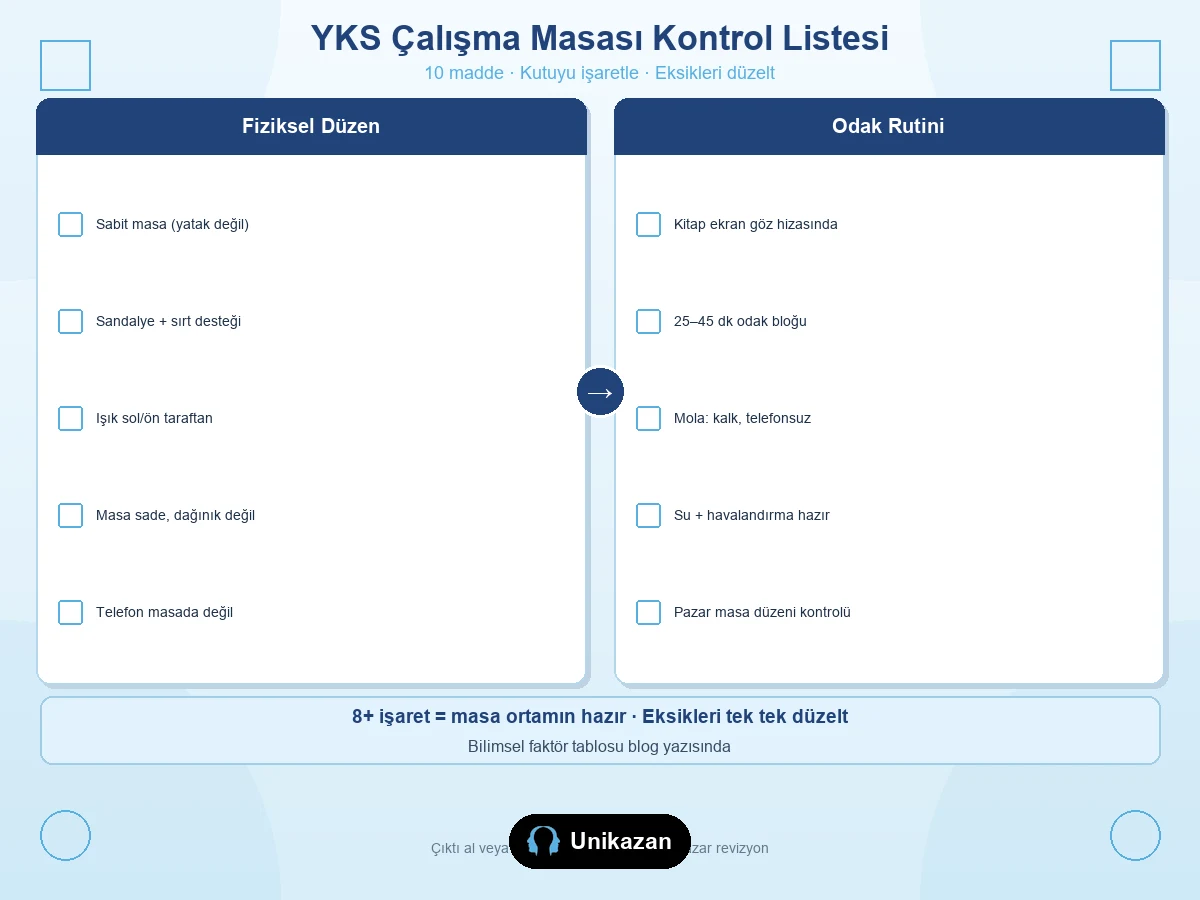 YKS çalışma masası kontrol listesi — fiziksel düzen ve odak rutini on maddelik liste