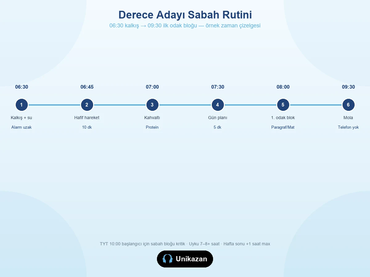 YKS derece adayı sabah rutini zaman çizelgesi — 06:30 kalkıştan 09:30 odak bloğuna